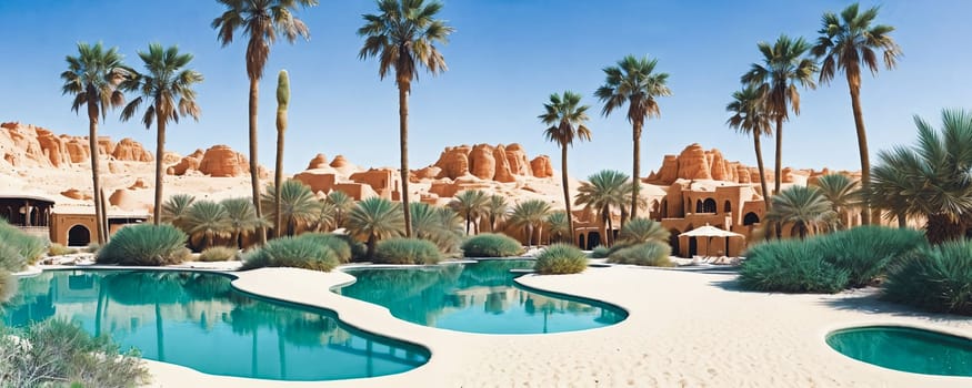 A hidden oasis in the desert with emerald-green waters, palm trees, and magical sand dunes that shift shape. AI Generated