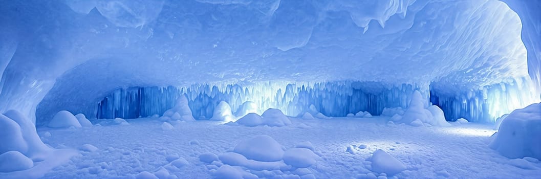 Ethereal ice cave illuminated by the soft glow of bioluminescent crystals, casting an eerie blue light. Generative AI