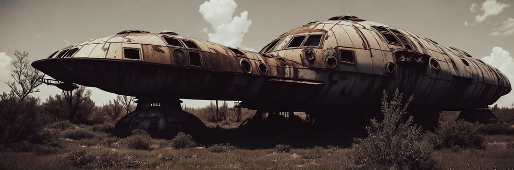 An abandoned spaceship on an alien planet, rusted metal, broken windows, overgrown vegetation reclaim the vessel. A scene of desolation and nature's triumph. Generative AI.