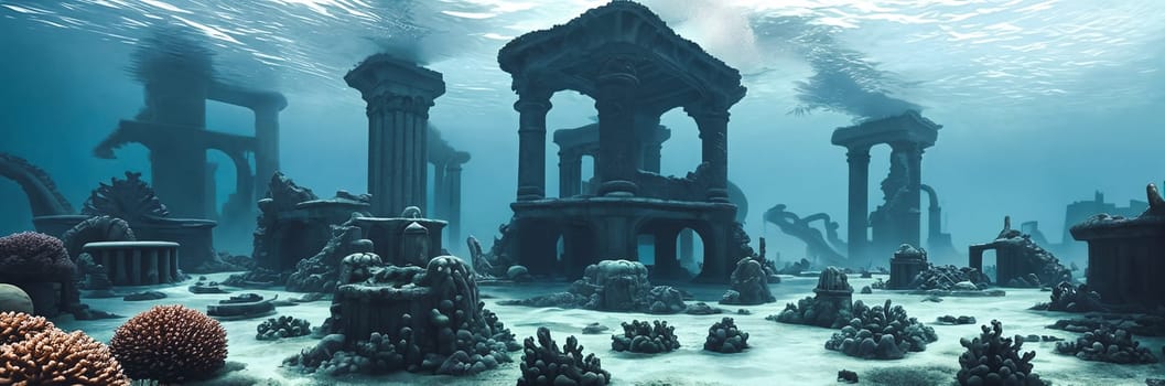 Discover the mystical depths of an Underwater Ruins. Submerged buildings, coral-covered columns, schools of exotic fish glide through the streets. Dive into the enchanting remnants of a lost city. Generative AI.