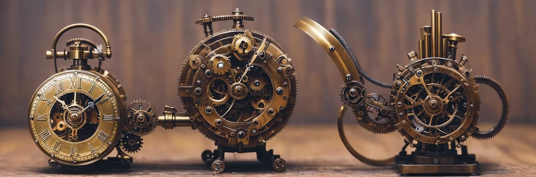 Steampunk Clockwork: An intricate mechanism blending gears, cogs, vintage brass elements, evoking Victorian-era technology. Think of a fusion between artistry functionality in a time-worn machine. Generative AI