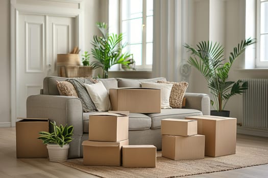 A living room with a couch and a potted plant. Boxes are stacked on the floor