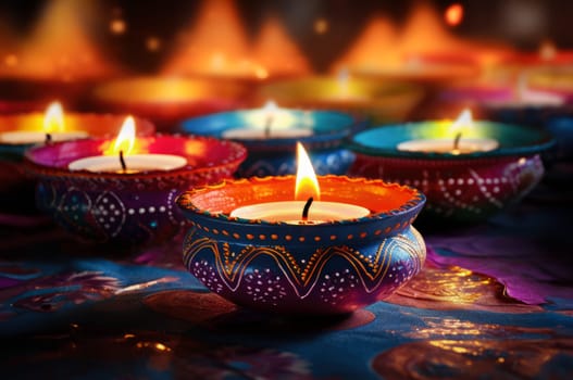 Happy diwali - Burning oil lamps with colorful designs from a Diwali festival