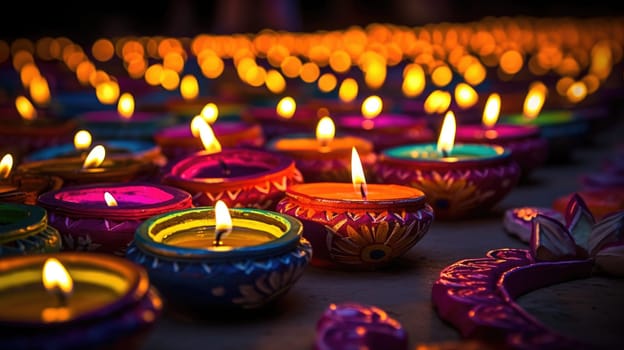 Happy diwali - Burning oil lamps with colorful designs from a Diwali festival