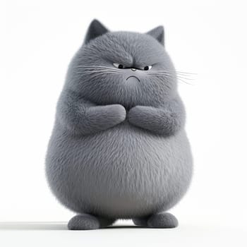 the character of a fat cute fluffy grey cat on a white background. 3d illustration.