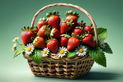 Basket with fresh strawberries. AI generated image.