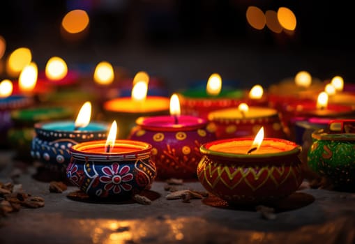 Happy diwali - Burning oil lamps with colorful designs from a Diwali festival