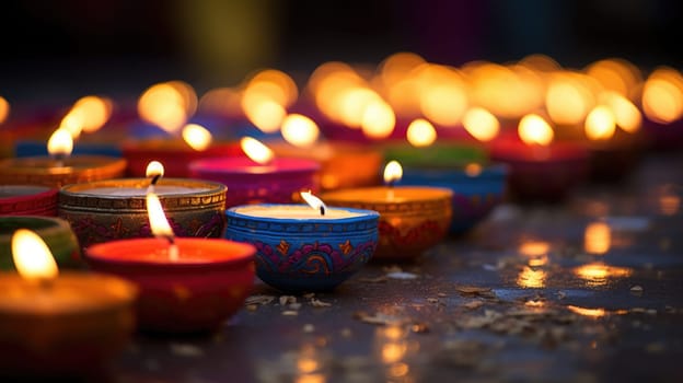 Happy diwali - Burning oil lamps with colorful designs from a Diwali festival