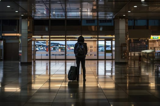 A person is standing in a large airport terminal with a suitcase. The scene is dark and empty, with only a few cars visible in the background. The person appears to be waiting for a flight