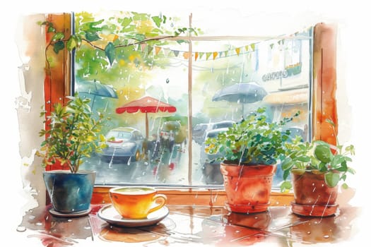 A glass of coffee at a table by the window in a cafe . Illustration.