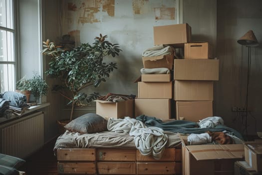 A room with a lot of boxes and a plant. The mood of the room is cluttered and disorganized