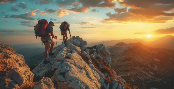 Two people are hiking up a mountain with a sunset in the background. The sun is setting and the sky is filled with clouds. The hikers are carrying backpacks
