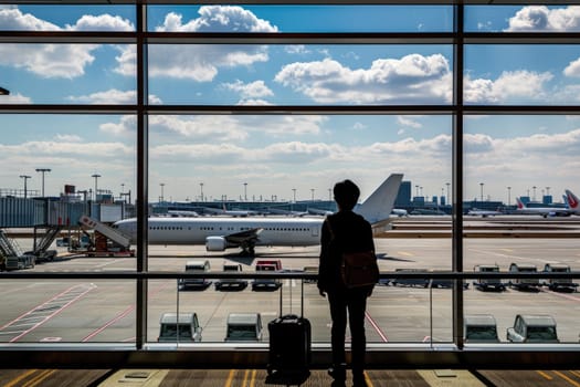 A woman is standing in front of a large airport window, looking out at the planes. She is wearing a backpack and has a suitcase with her. Concept of anticipation and excitement