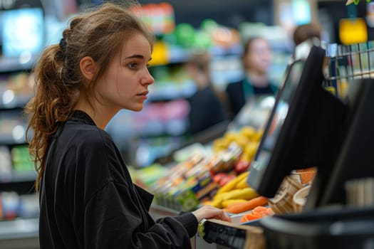 A young woman is a cashier or assistant at a supermarket.