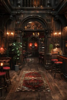 Classic speakeasy with hidden doors, dark wood paneling, and prohibition-era cocktails.3D render