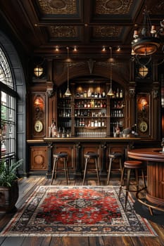 Classic speakeasy with hidden doors, dark wood paneling, and prohibition-era cocktails.3D render