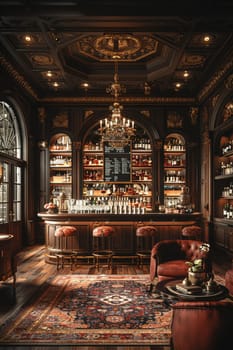 Classic speakeasy with hidden doors, dark wood paneling, and prohibition-era cocktails.3D render