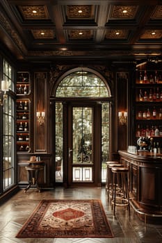 Classic speakeasy with hidden doors, dark wood paneling, and prohibition-era cocktails.3D render