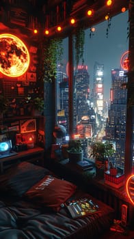 Cyberpunk apartment with neon lights, high-tech gadgets, and urban views.3D render