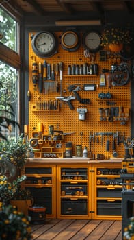 DIY maker's workshop with tools organized on pegboards3D render