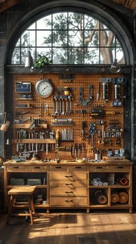 DIY maker's workshop with tools organized on pegboards3D render