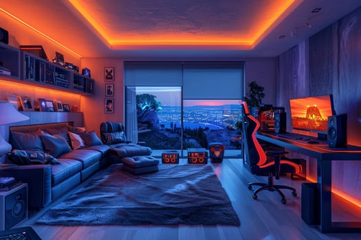 High-tech gaming room with surround sound, LED lighting, and ergonomic gaming chairs.3D render