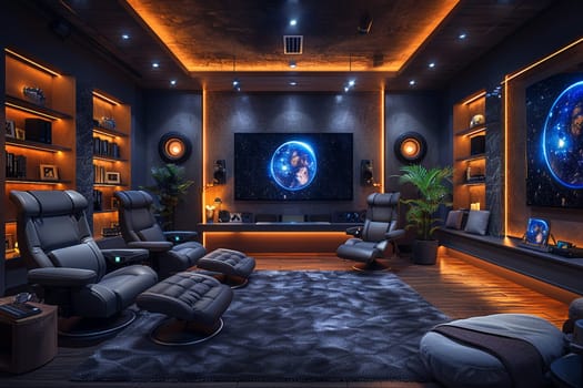 High-tech gaming room with surround sound, LED lighting, and ergonomic gaming chairs.3D render
