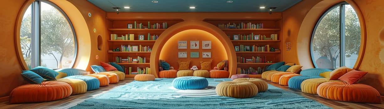 Interactive children's library with themed reading nooks and educational games.3D render