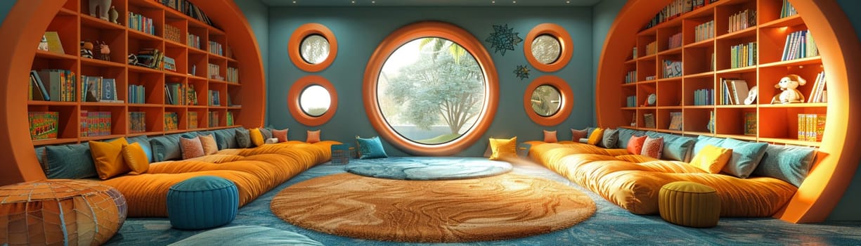 Interactive children's library with themed reading nooks and educational games.3D render