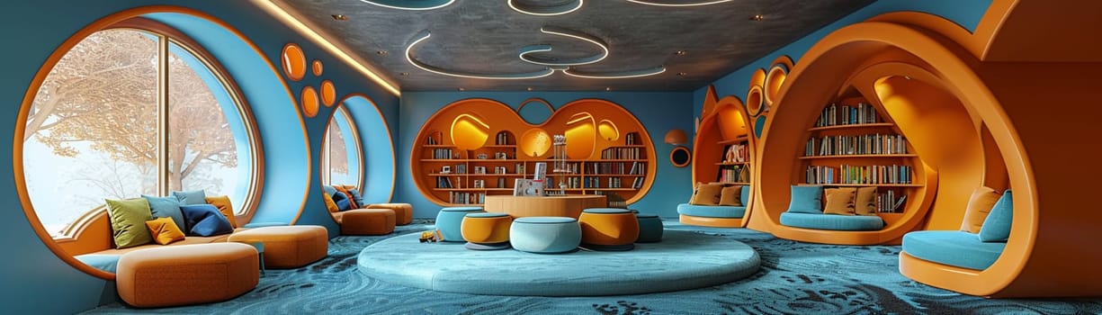 Interactive children's library with themed reading nooks and educational games.3D render