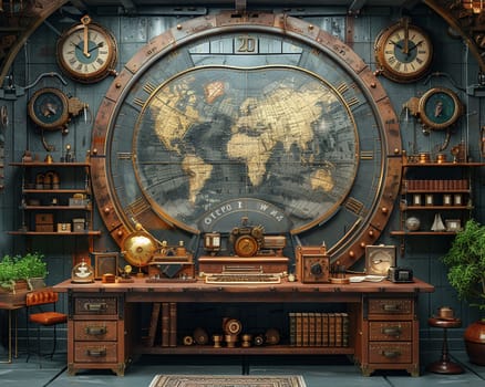 Steampunk inventor's lab with gears, levers, and vintage clocks3D render