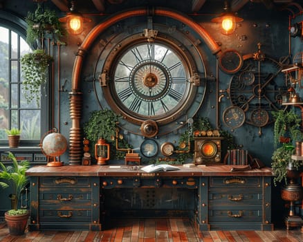 Steampunk inventor's lab with gears, levers, and vintage clocks3D render
