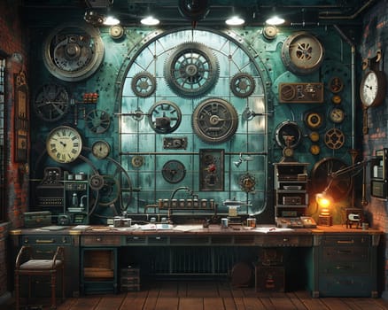 Steampunk inventor's lab with gears, levers, and vintage clocks3D render