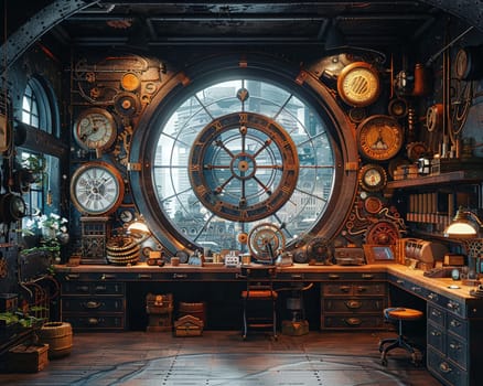 Steampunk inventor's lab with gears, levers, and vintage clocks3D render