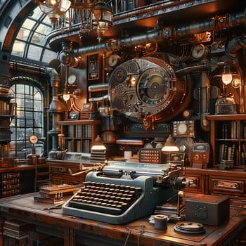 Steampunk office with vintage typewriters, brass lamps, and mechanical gadgets.3D render