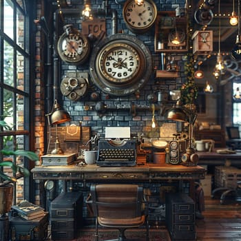 Steampunk office with vintage typewriters, brass lamps, and mechanical gadgets.3D render
