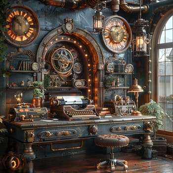 Steampunk office with vintage typewriters, brass lamps, and mechanical gadgets.3D render