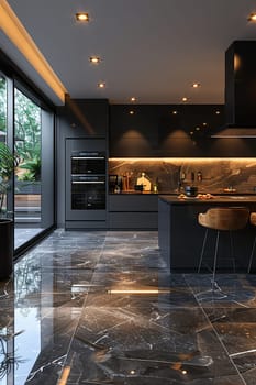 Ultra-modern kitchen with smart appliances and sleek, reflective surfaces3D render