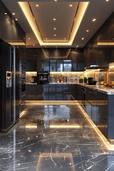 Ultra-modern kitchen with smart appliances and sleek, reflective surfaces3D render