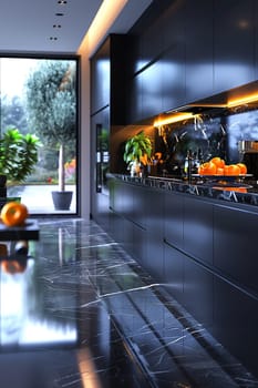 Ultra-modern kitchen with smart appliances and sleek, reflective surfaces3D render