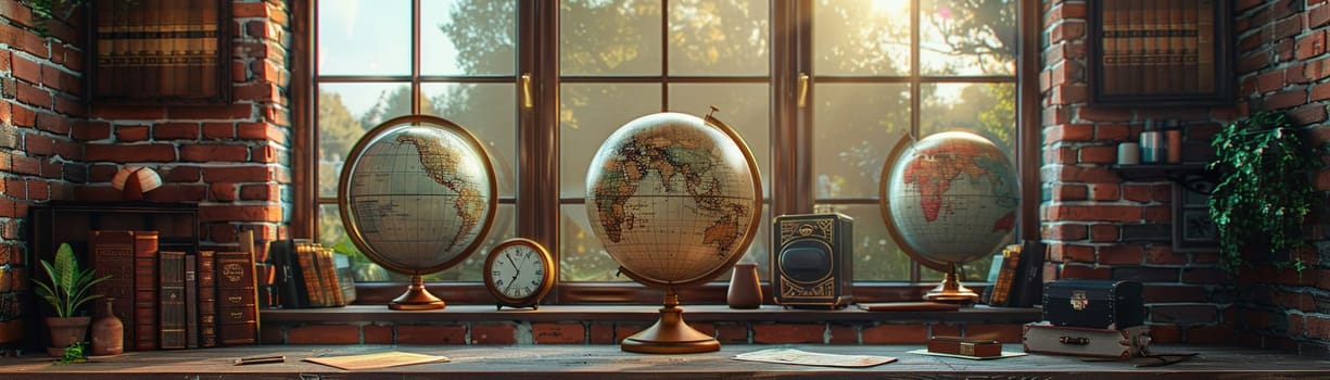 Vintage travel-themed home office with globes, maps, and antique luggage decor.3D render