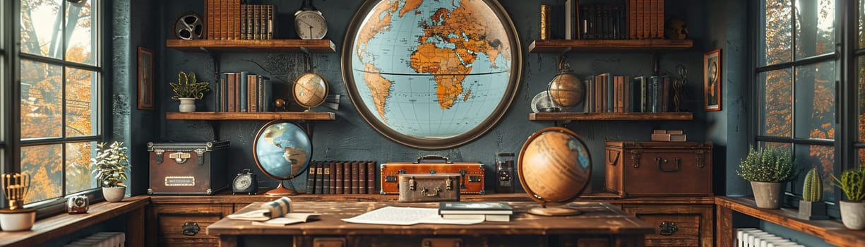 Vintage travel-themed home office with globes, maps, and antique luggage decor.3D render