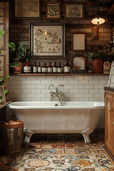 Apothecary-style bathroom with antique bottles and clawfoot tub3D render.