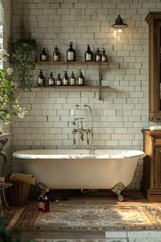 Apothecary-style bathroom with antique bottles and clawfoot tub3D render.