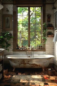 Apothecary-style bathroom with antique bottles and clawfoot tub3D render.