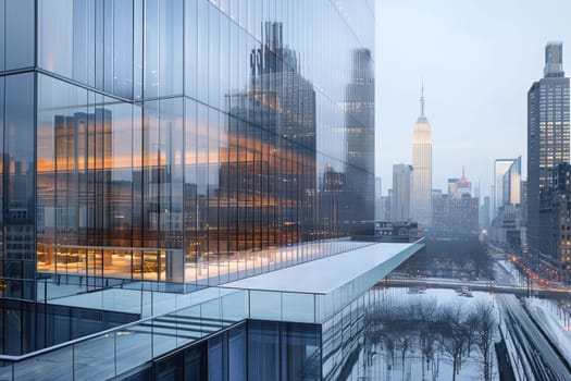 A city skyline with a large glass building in the middle. The sky is cloudy and the city is lit up at night