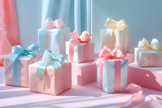 A group of magenta and blue gift boxes with bows displayed on a pink table adorned with pink petals. The colorful arrangement creates a vibrant and festive ambiance for any event or celebration