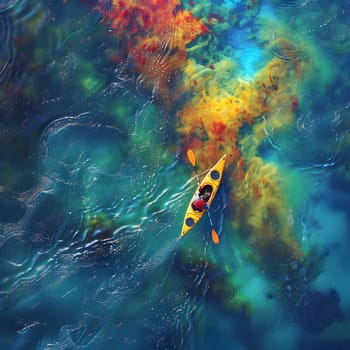 An aerial perspective of a person paddling a yellow kayak on the liquid surface of the ocean, surrounded by underwater organisms and fish