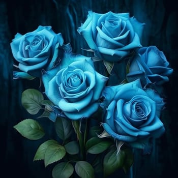 A bouquet of blue roses against a dark background.