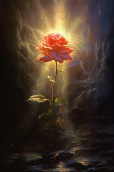 A solitary rose illuminated by a beam of light against a dark, moody background.